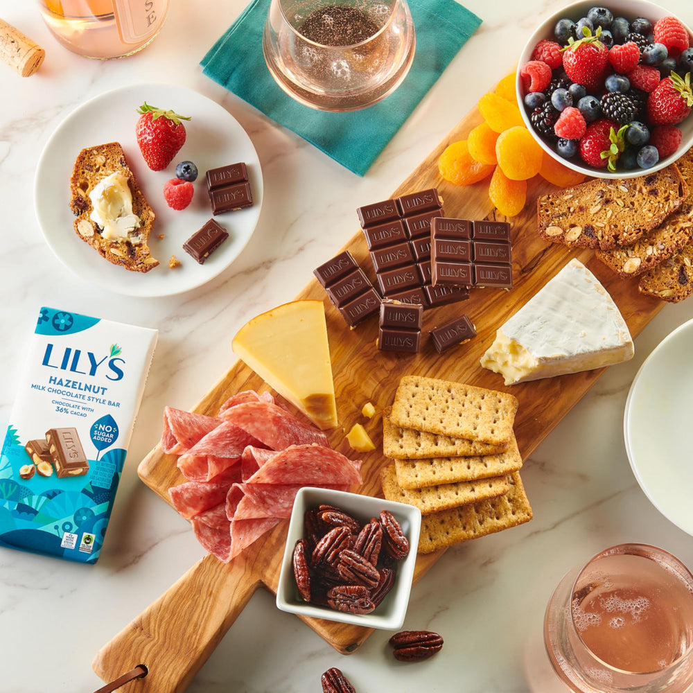 LILY'S Hazelnut Milk Chocolate Style bulk box label highlighting no added sugars and 36% cacao.