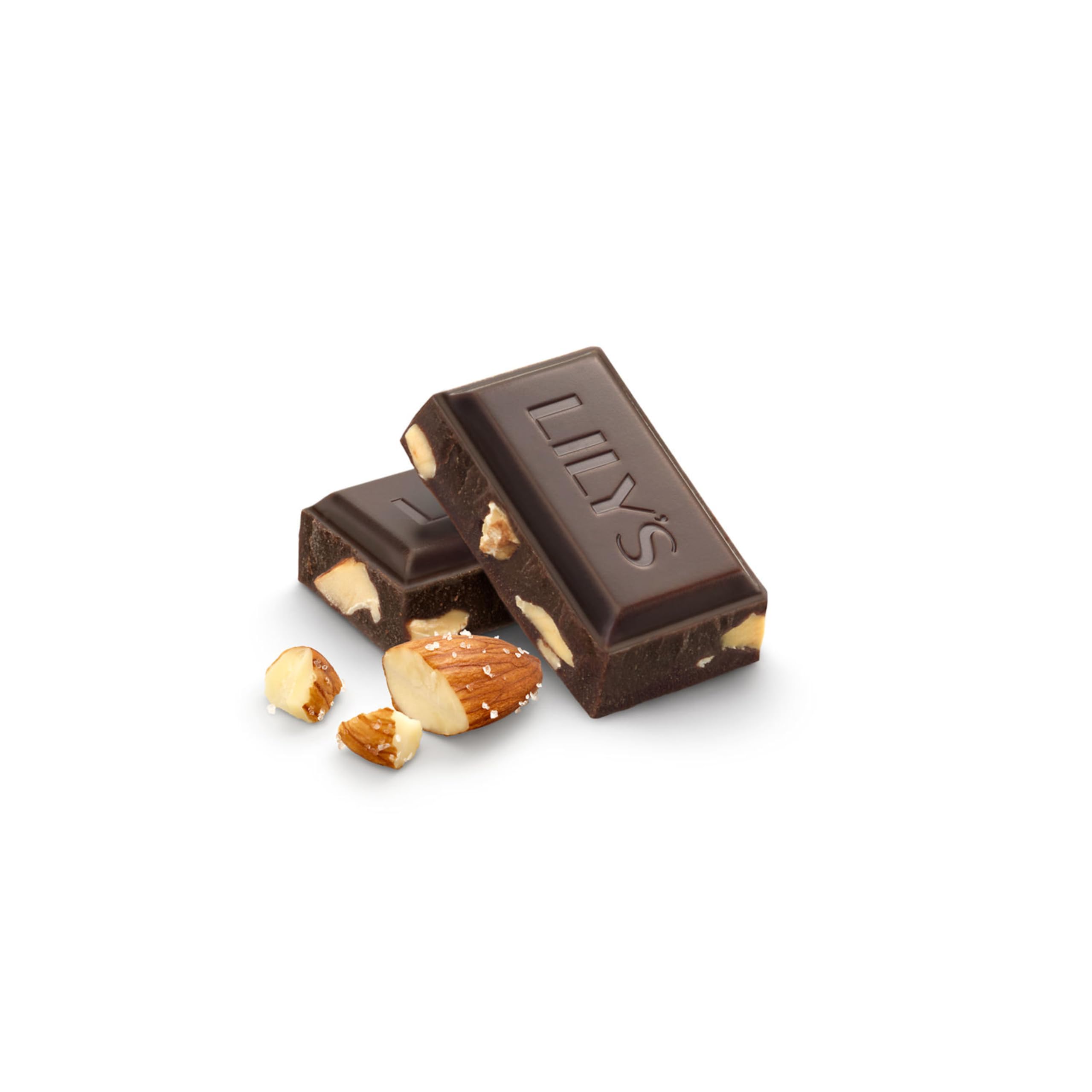 LILY'S Salted Almond Extra Dark Bar being broken to reveal almonds and chocolate