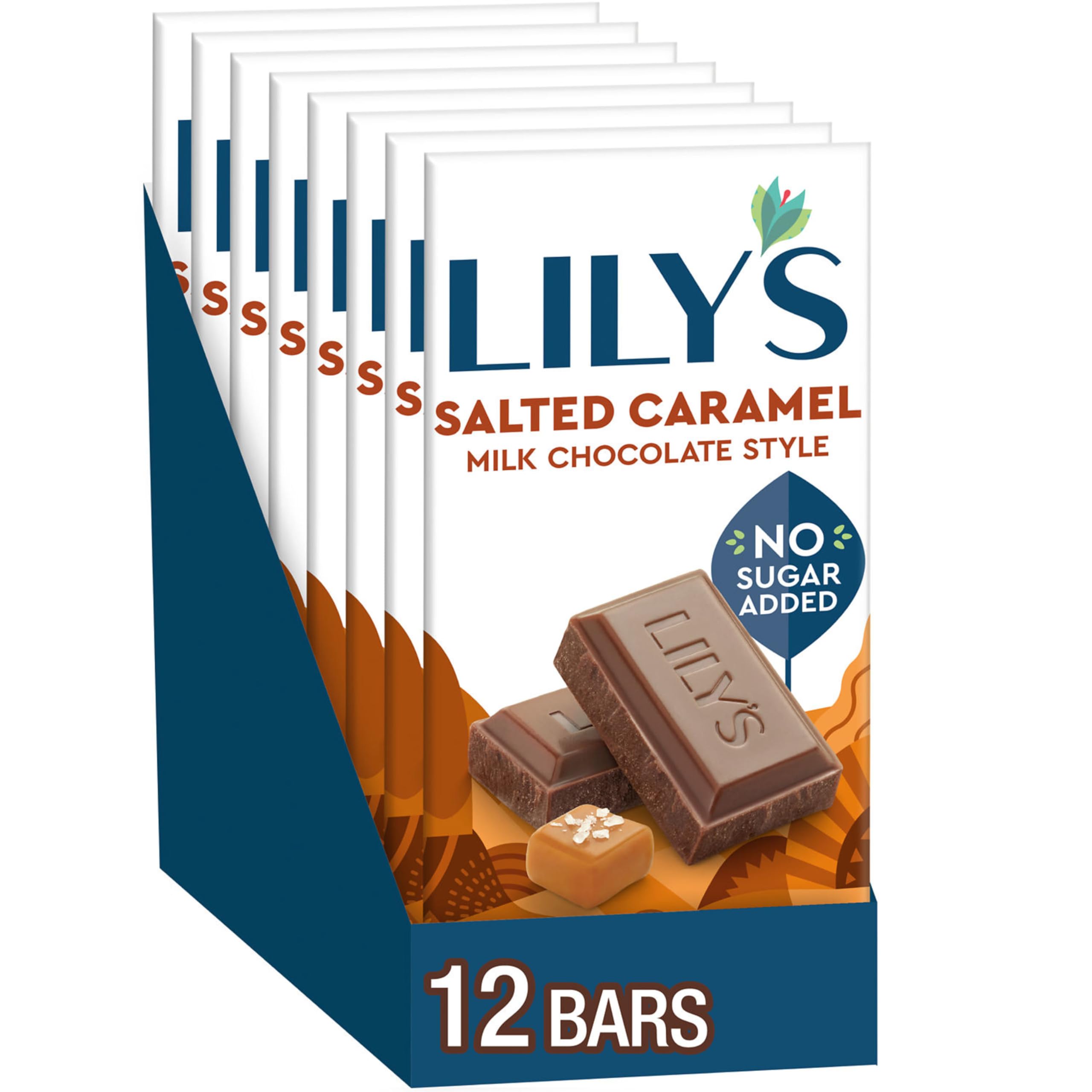 LILY'S Salted Caramel Milk Chocolate Style bar close-up, sugar-free indulgence for snack-time.