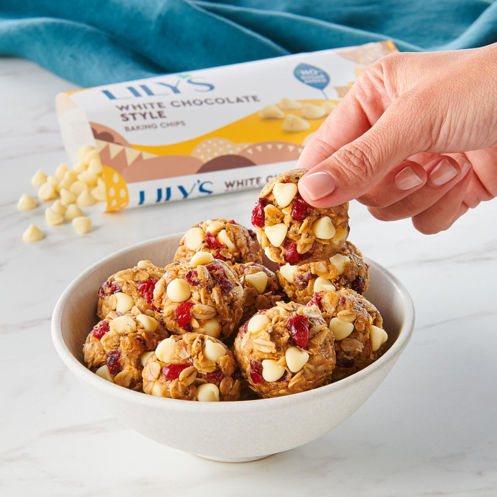 LILY'S White Chocolate Style chips baked into golden cookies.
