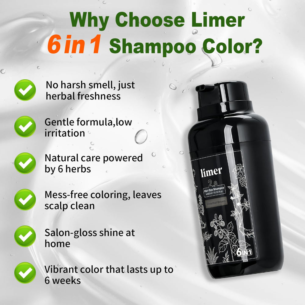 Limer Hair Dye Shampoo Natural Black reveals shiny healthy-looking hair