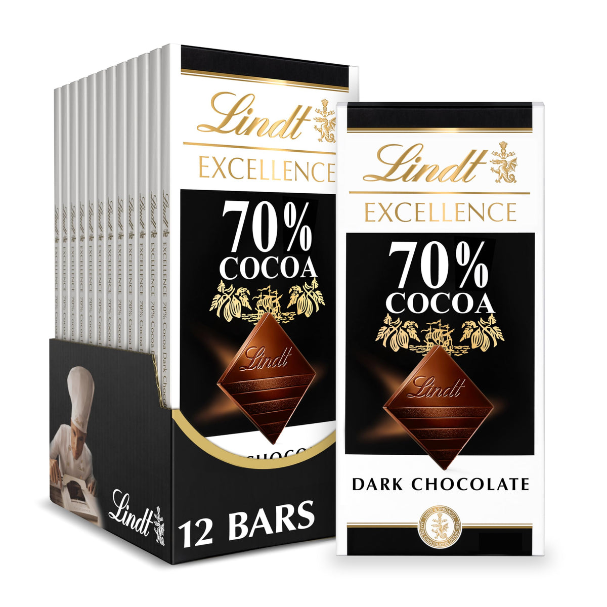 Lindt EXCELLENCE 70% dark chocolate bar 12-pack front view for gifting