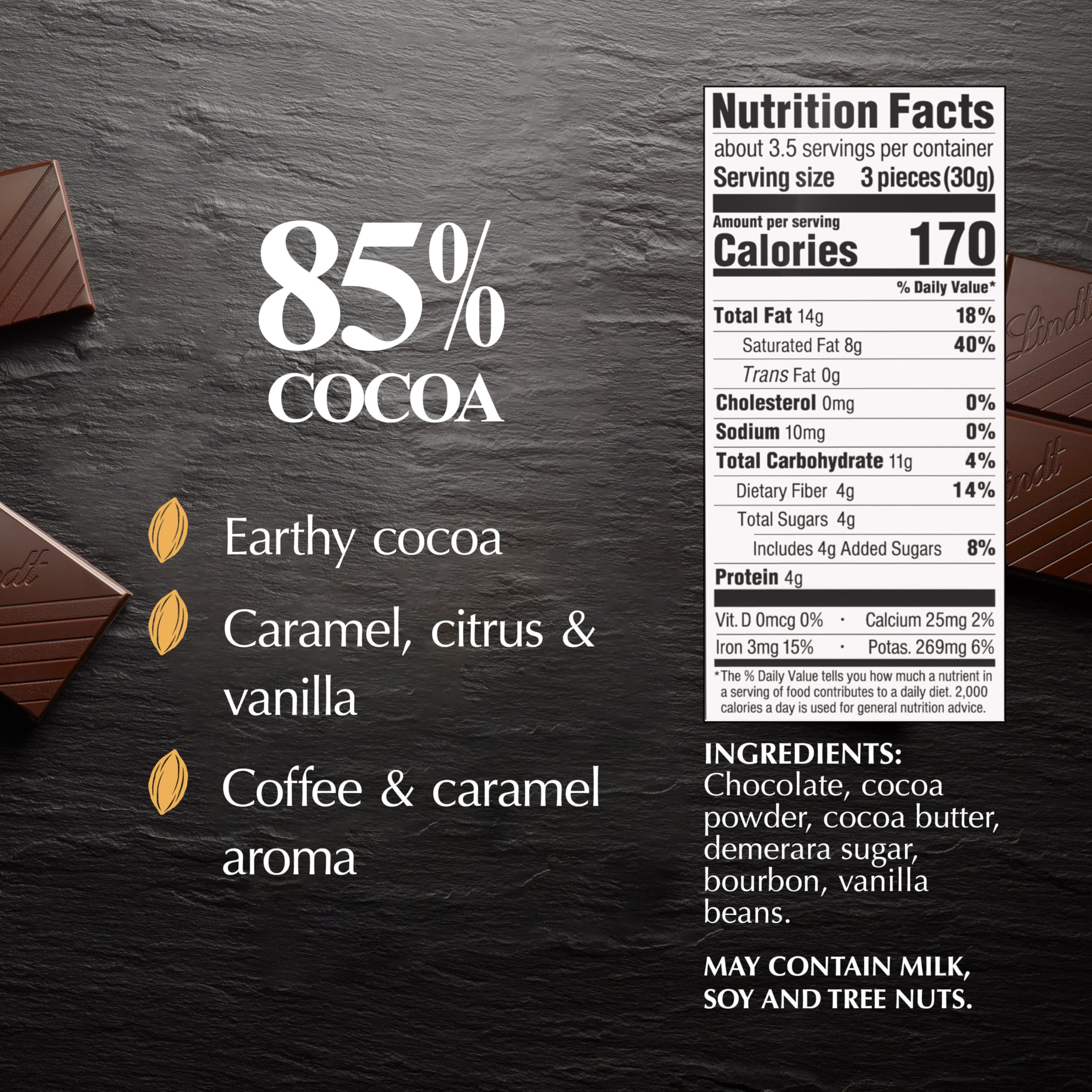 Lindt EXCELLENCE 85% squares close-up, showcasing silky texture.