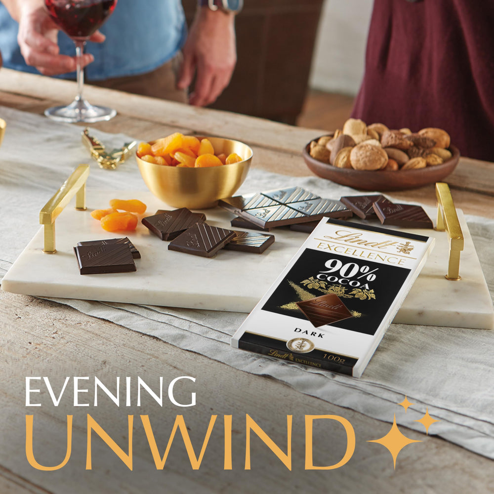 Lindt Excellence 90% bar baking uses; enhances desserts with cocoa depth.
