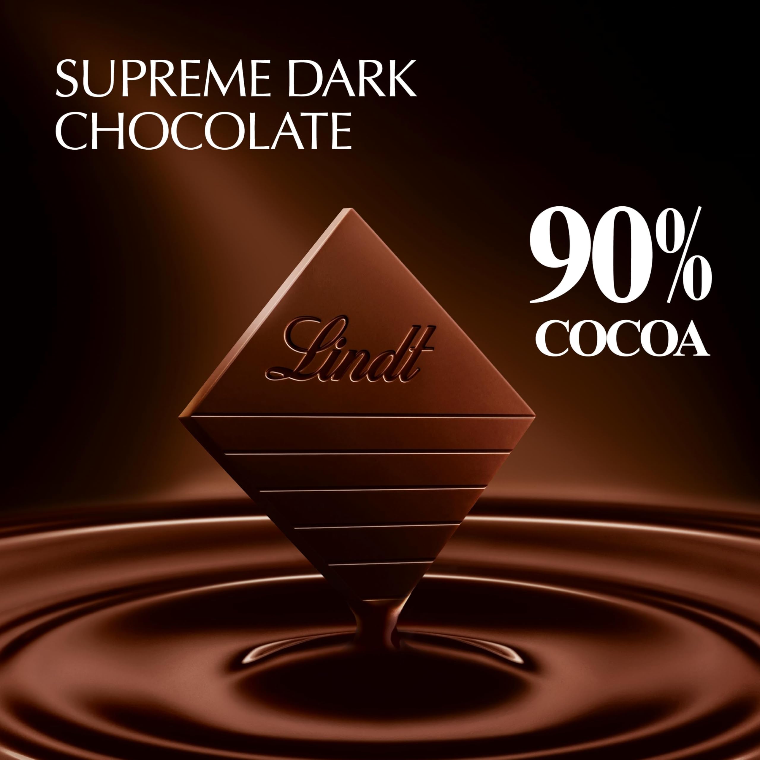 Lindt Excellence 90% bar close-up with silky texture and smooth finish.
