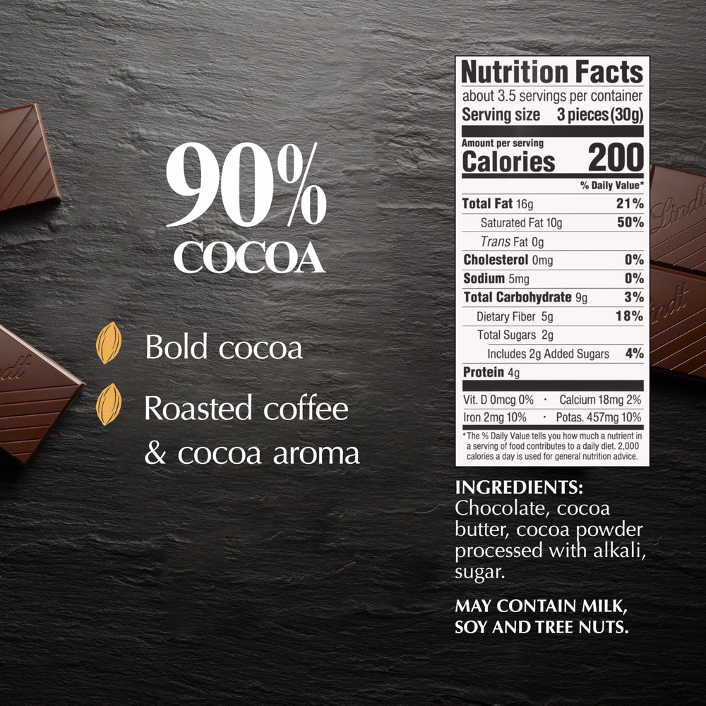 Lindt Excellence 90% bar squares, pre-portioned for balanced tasting.