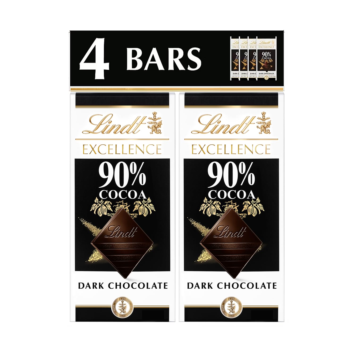 Lindt Excellence 90% bar wrapped, premium dark chocolate for gifting or tasting.
