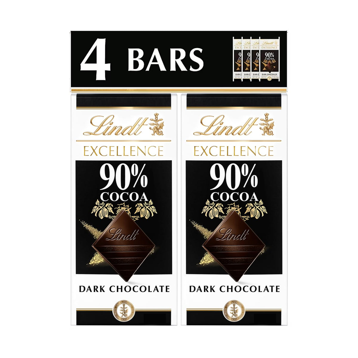 Lindt Excellence 90% bar wrapped, premium dark chocolate for gifting or tasting.