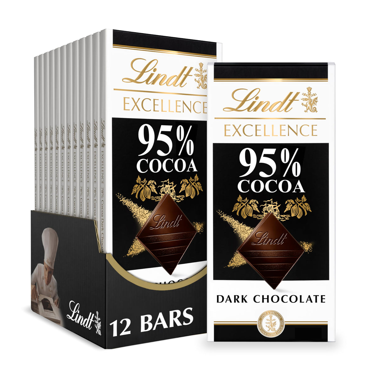 Lindt EXCELLENCE 95% cacao 12-pack displayed for sharing