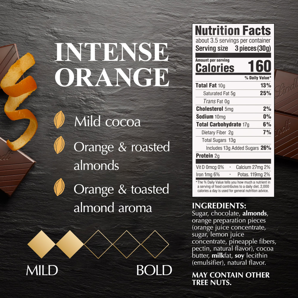 Close-up of Lindt EXCELLENCE Orange dark chocolate squares, bite-sized.