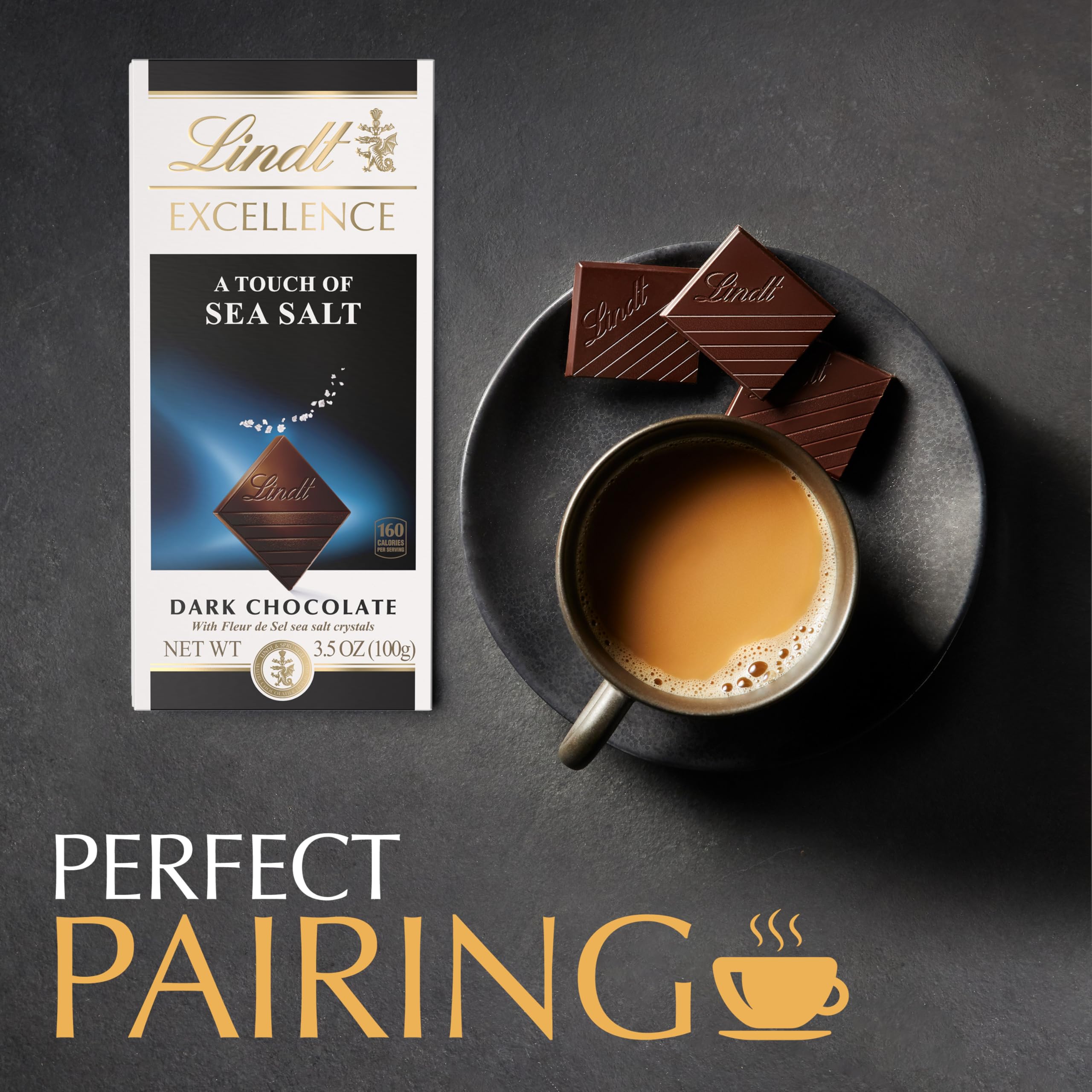 Lindt EXCELLENCE Sea Salt bite shot shows a balanced, indulgent moment.