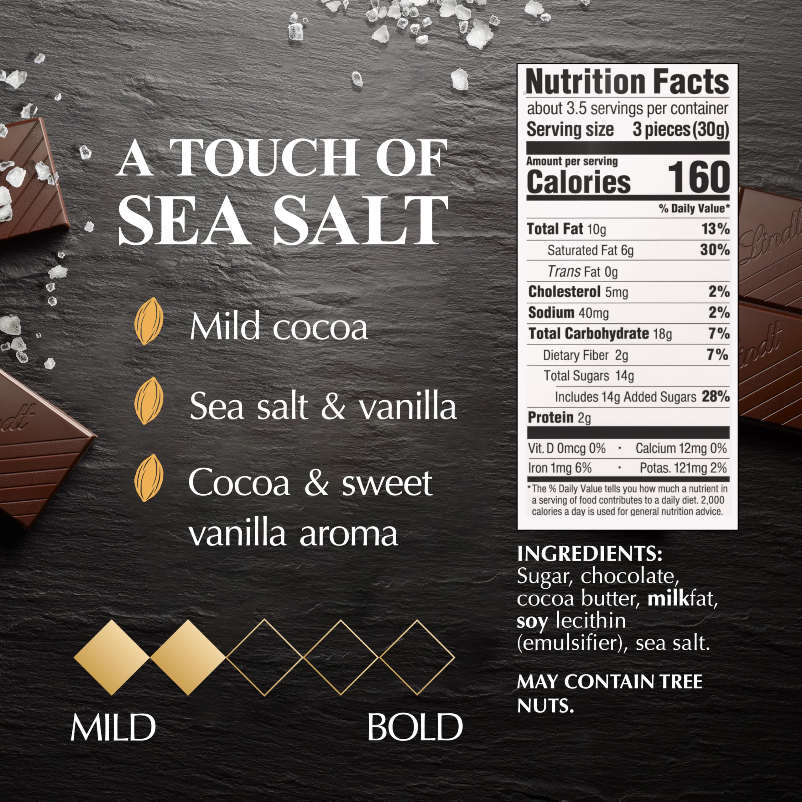 Lindt EXCELLENCE Sea Salt squares close-up reveals glossy chocolate and salt crystals.