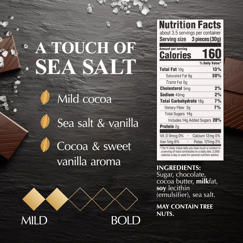 Lindt EXCELLENCE Sea Salt squares close-up reveals glossy chocolate and salt crystals.