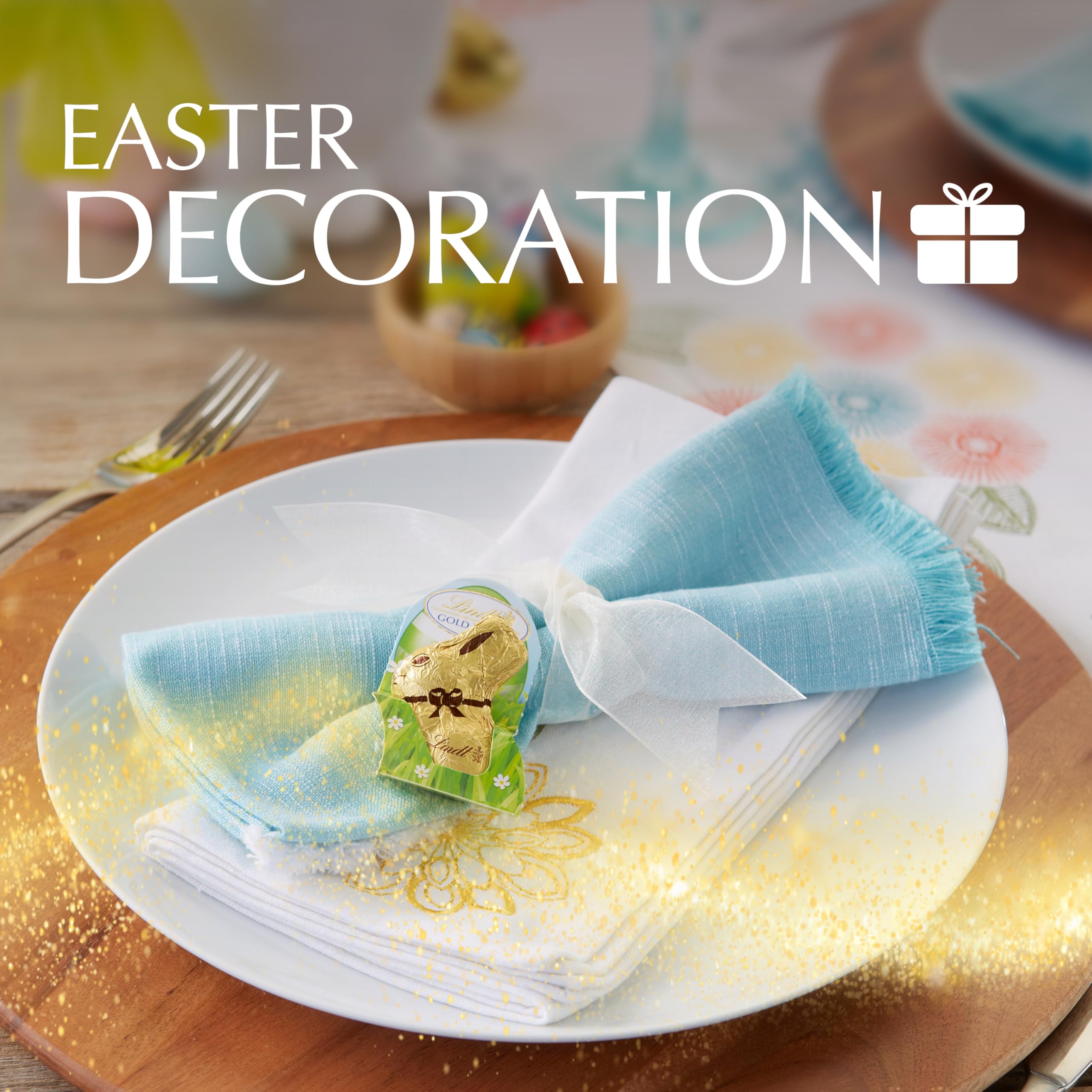 Lindt GOLD BUNNY on a decorative table setup for spring celebrations