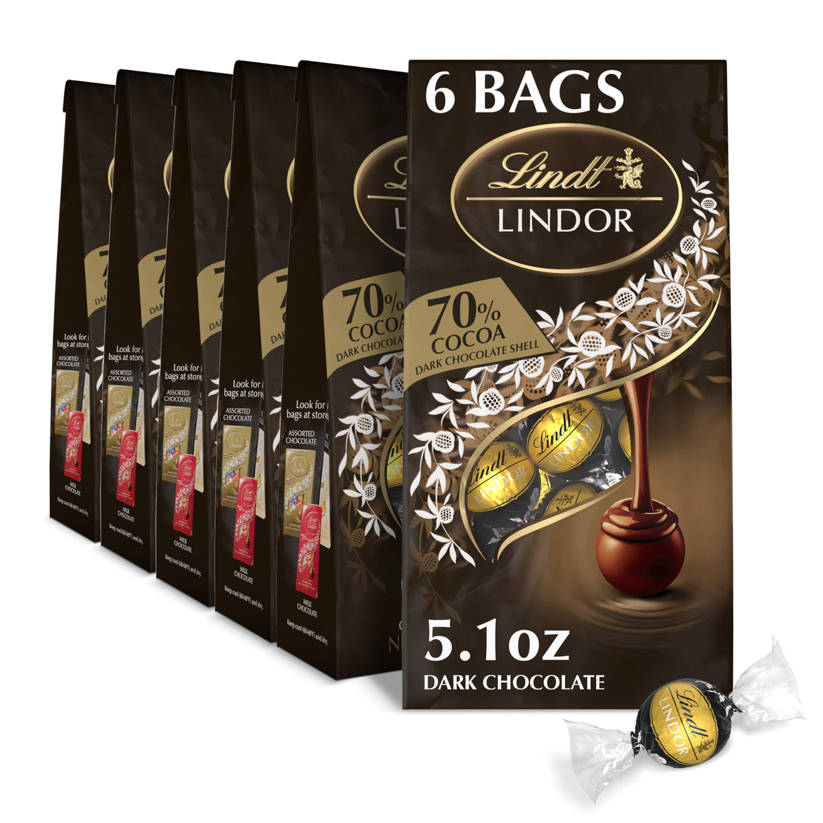 Lindt LINDOR 70% extra dark truffles in a six-pack bag for gifting or personal indulgence