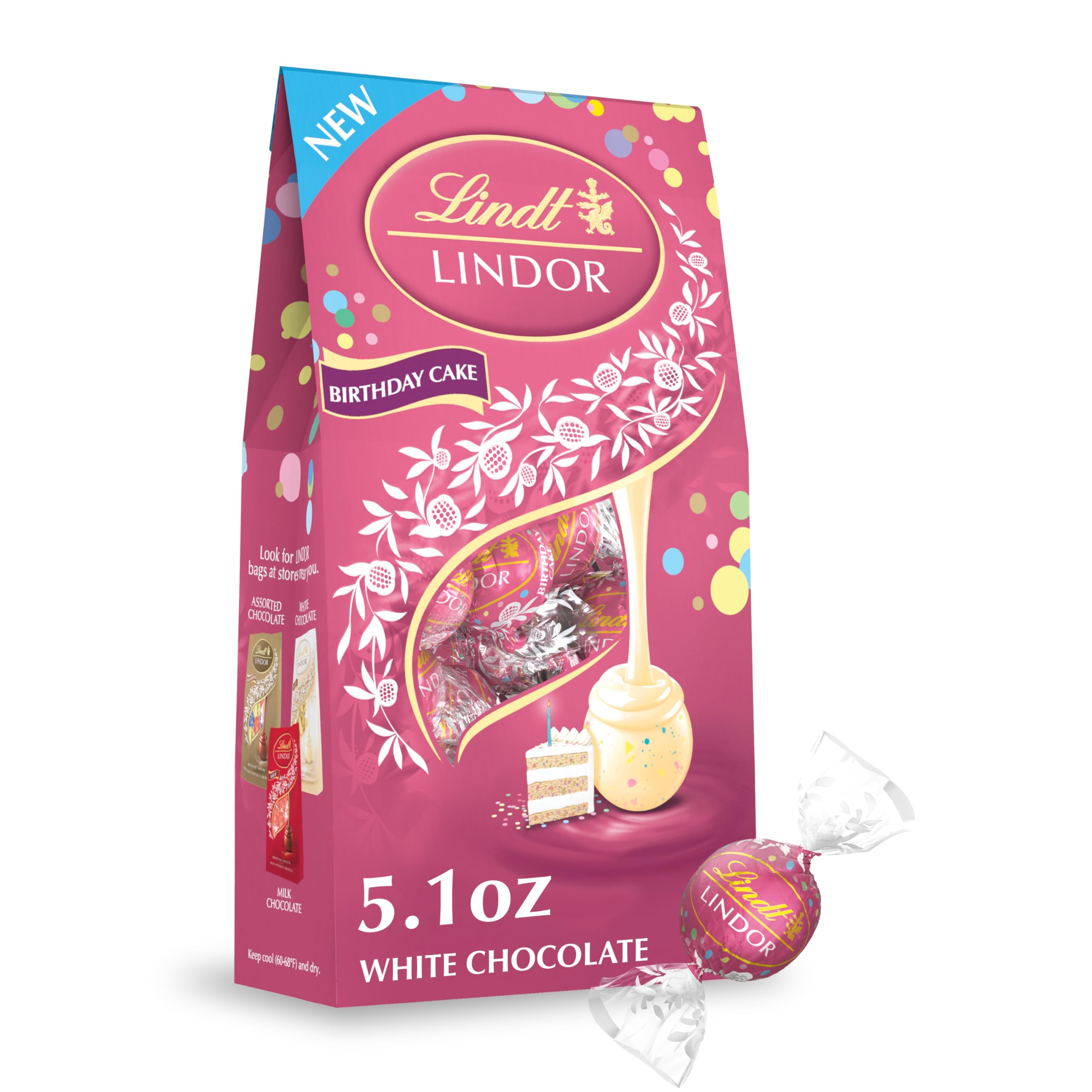 Lindt LINDOR Birthday Cake truffles in 5.1 oz bag, smooth melt.