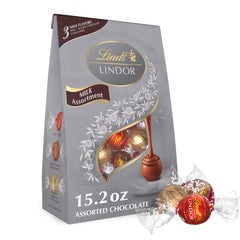 Lindt Lindor Milk Assorted Truffles in a 15.2 oz bag, ideal for gifting and sharing.