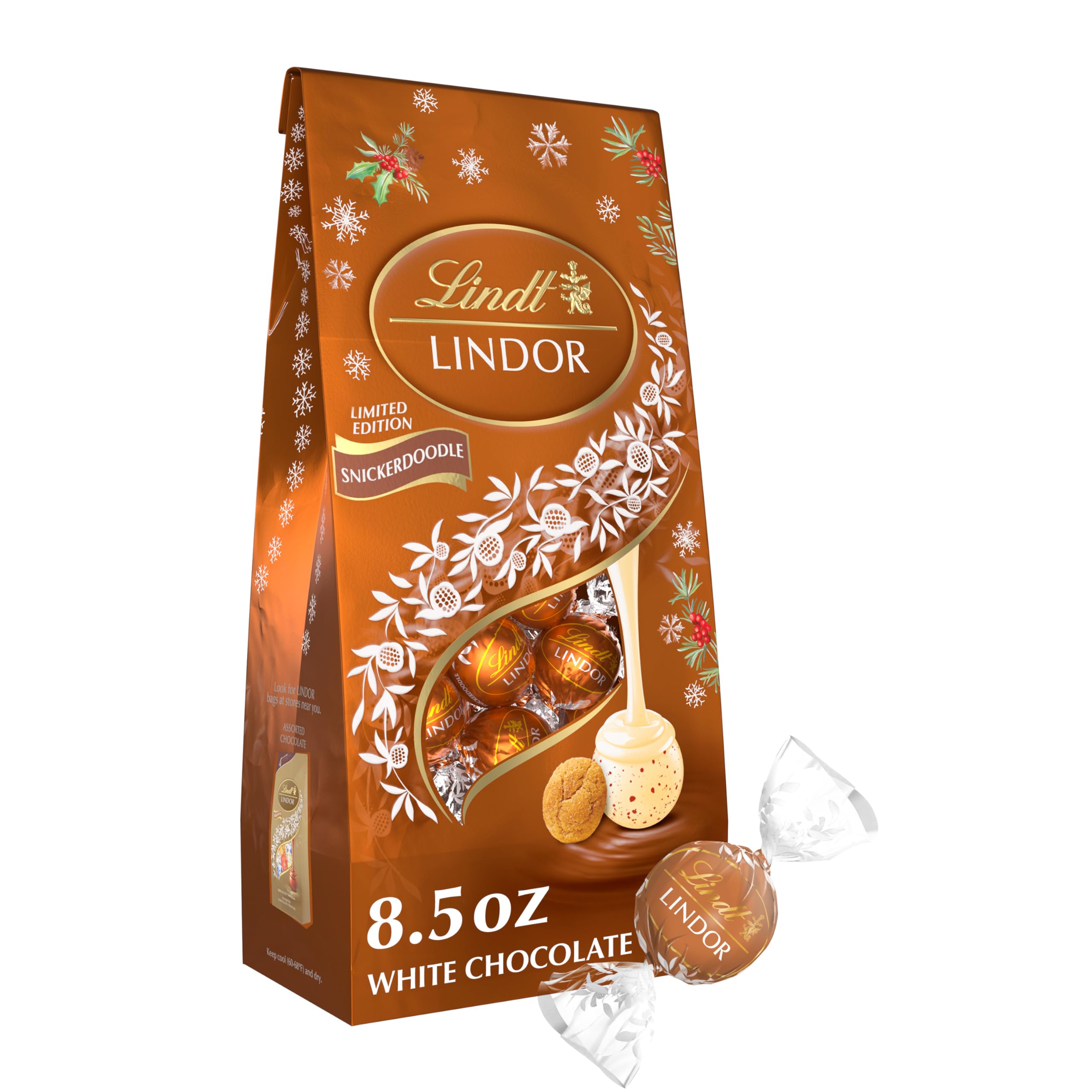 Lindt Lindor Snickerdoodle white chocolate truffles in an 8.5 oz bag, a festive gift option.