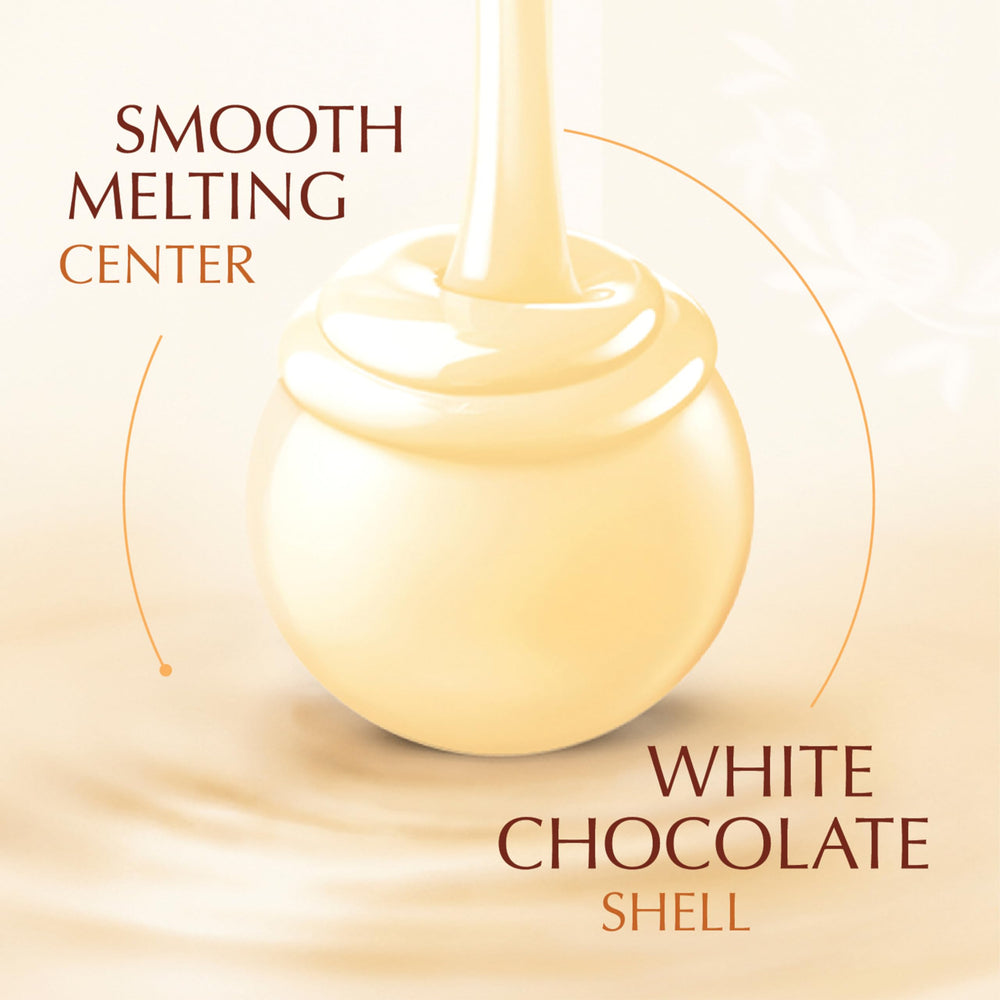 Lindt Lindor white chocolate shell and melting center close-up, creamy texture for indulgence.