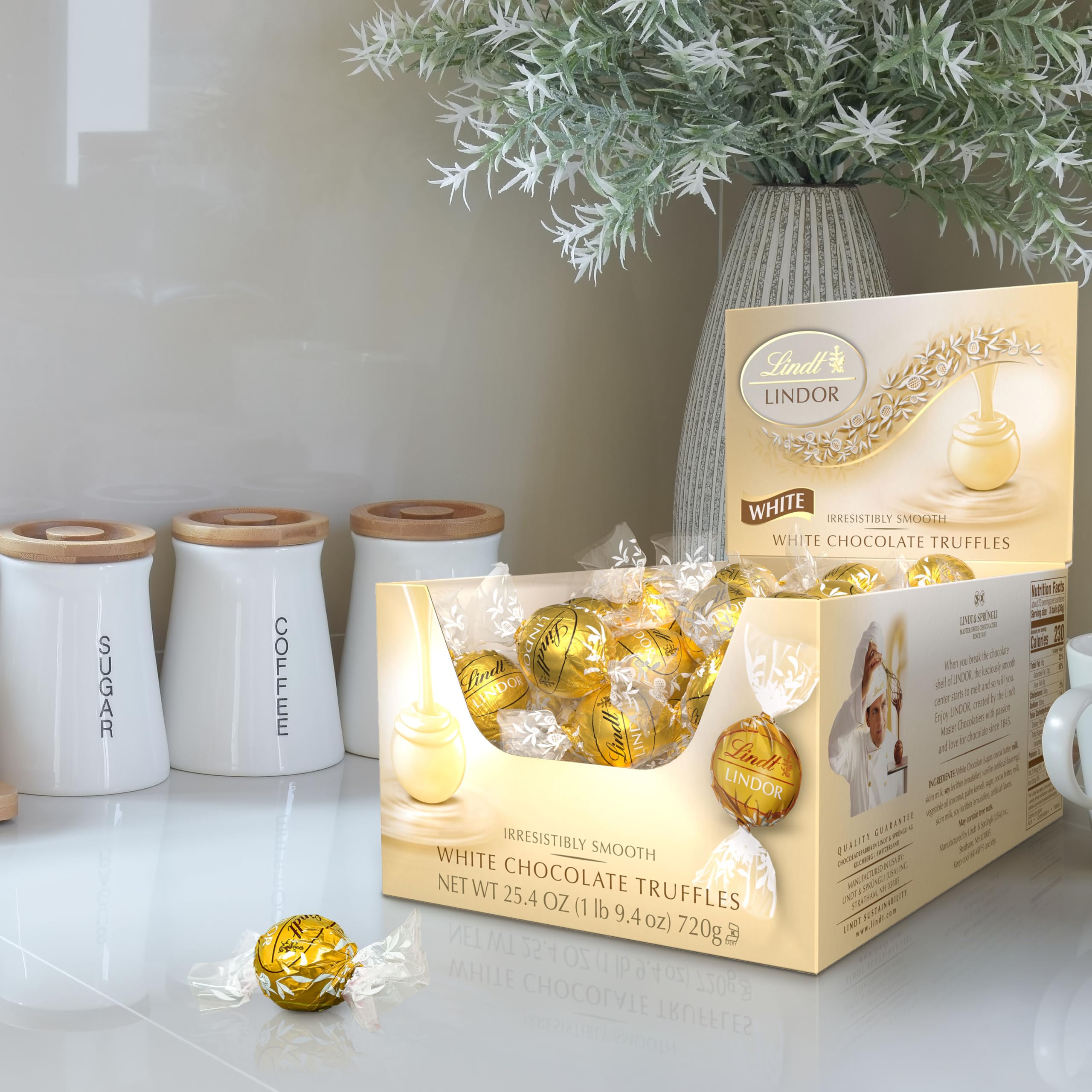 Lindt LINDOR White Chocolate Truffles center melts smoothly for a creamy indulgence.