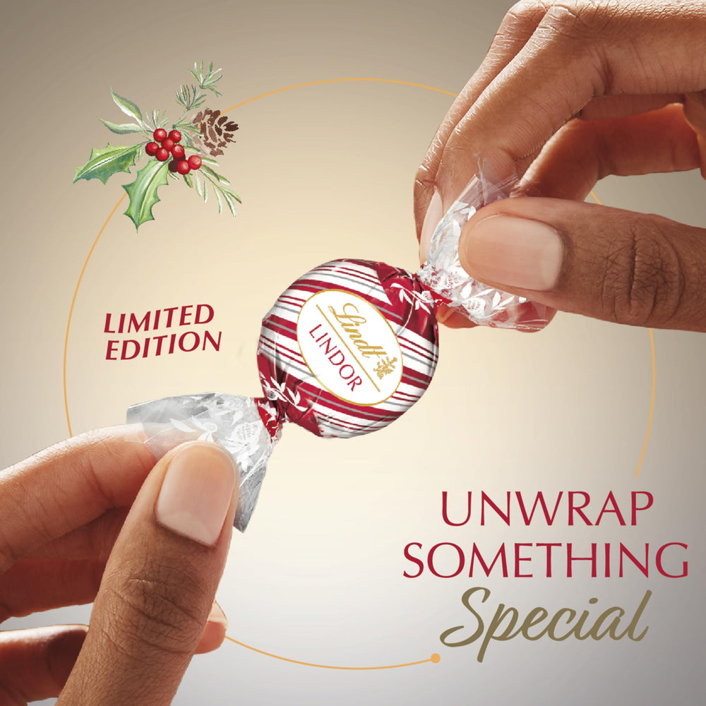 Lindt Lindor White Peppermint Truffles close-up shows delicate shell and texture.