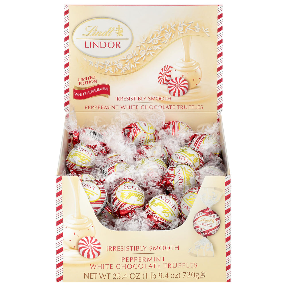 Lindt Lindor White Peppermint Truffles holiday packaging ready for gifts.