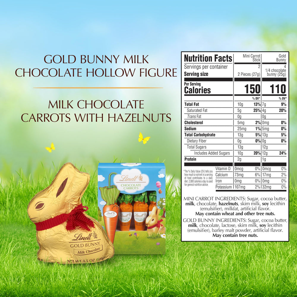 Lindt milk chocolate hazelnut carrot sticks showcase premium flavor in decorative foil carrots.