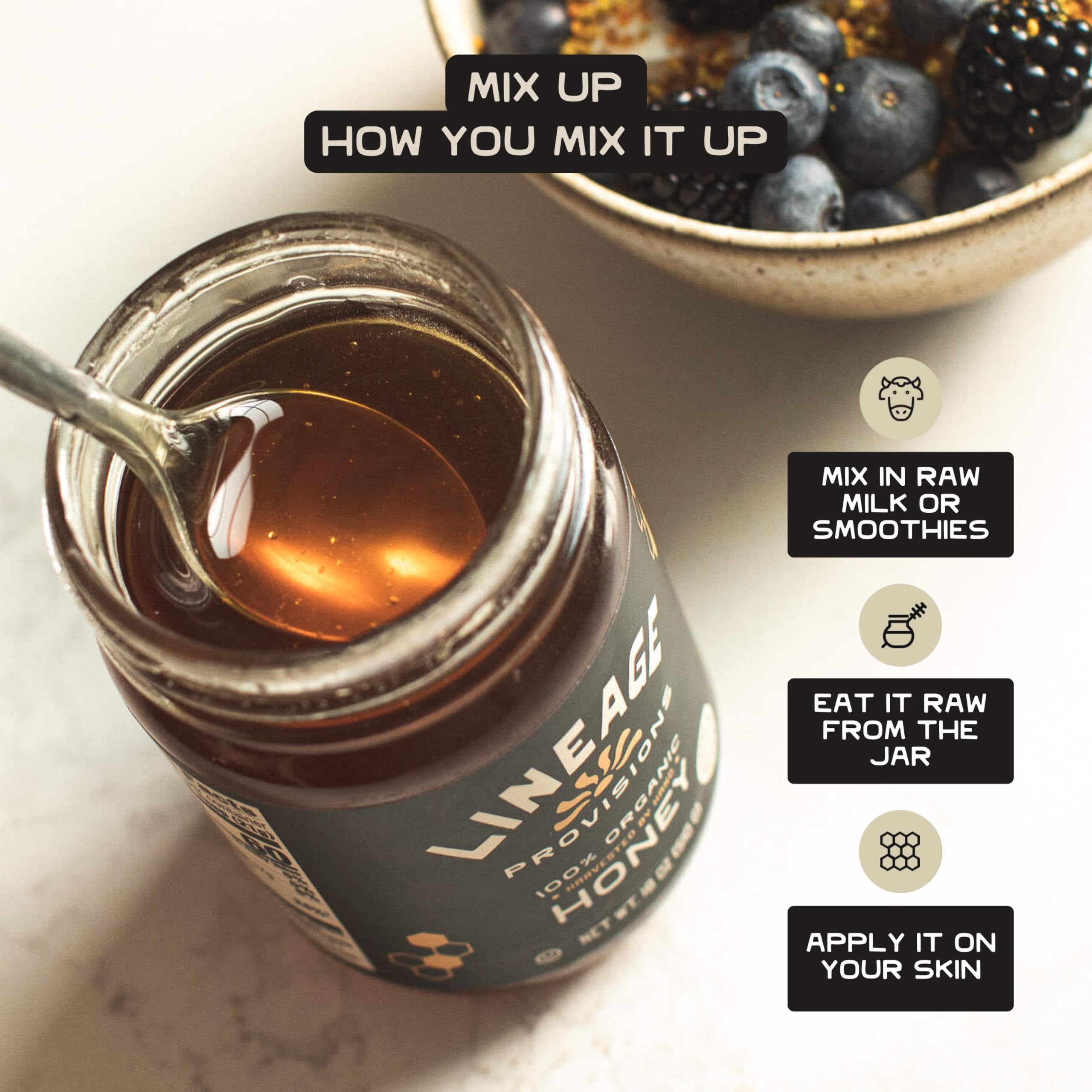 Lineage Provisions chemical-free honey as a clean, additive-free sweetness option.
