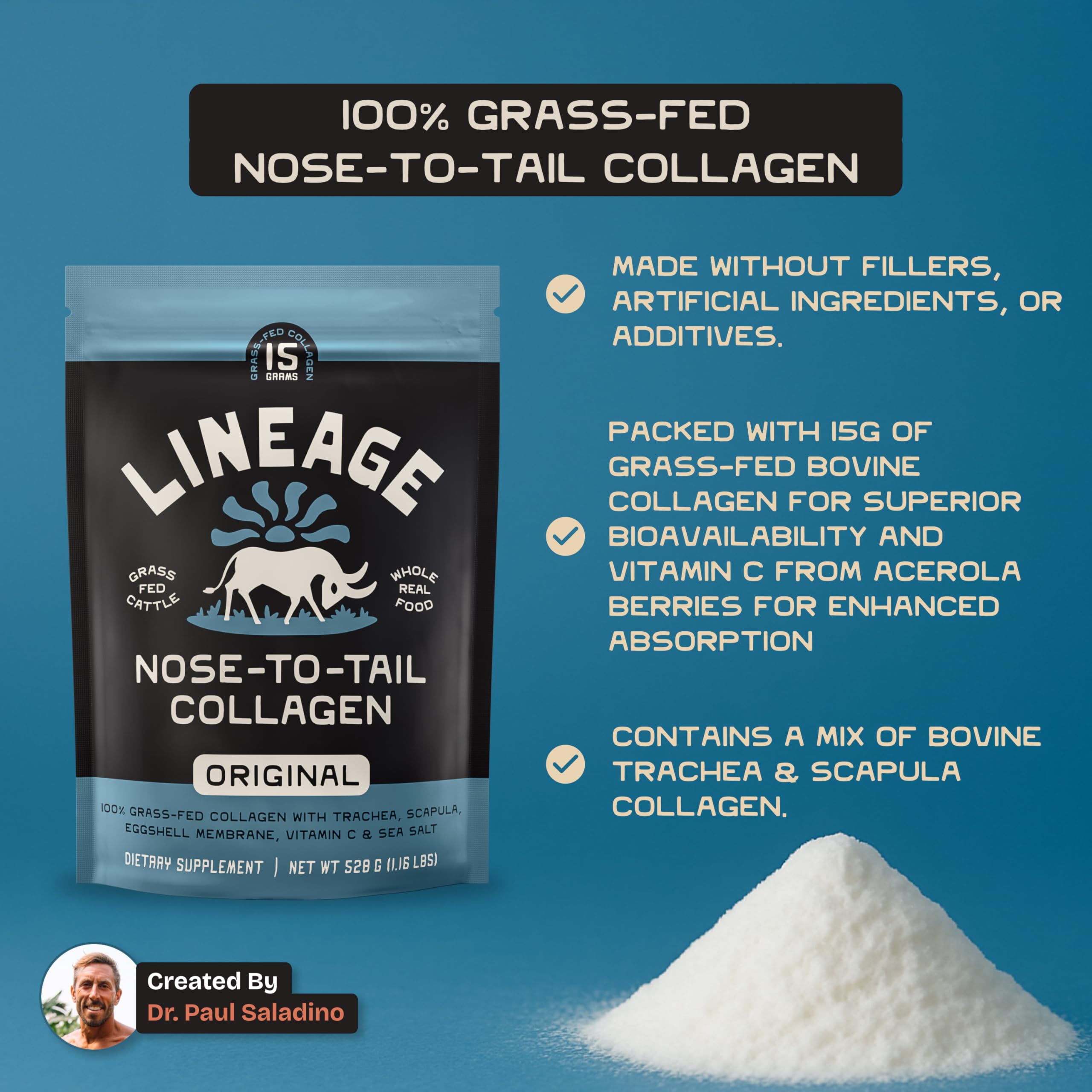 Lineage Provisions collagen powder closeup shows clean, filler-free formula.