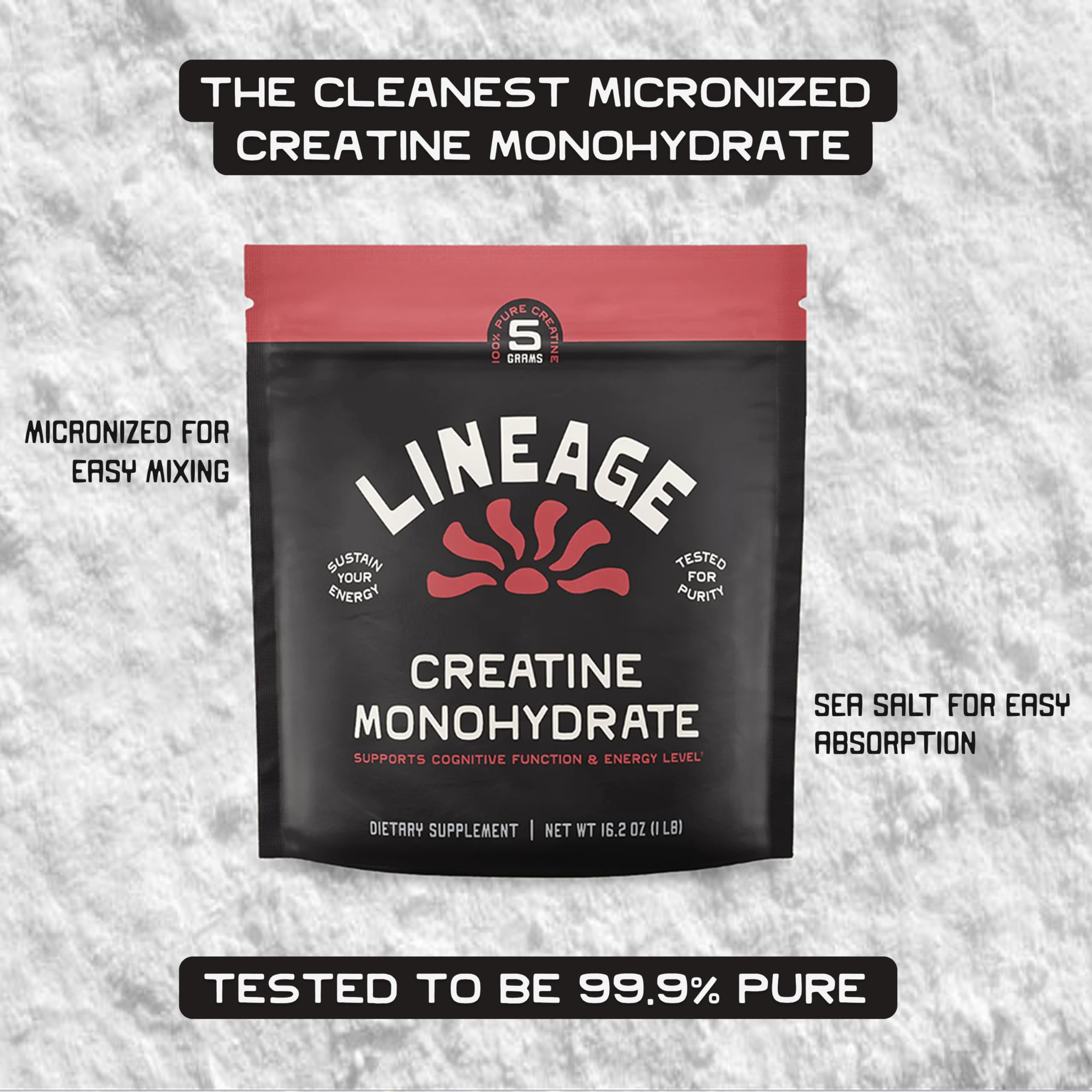 Lineage Provisions creatine bottle with 90 servings on display.