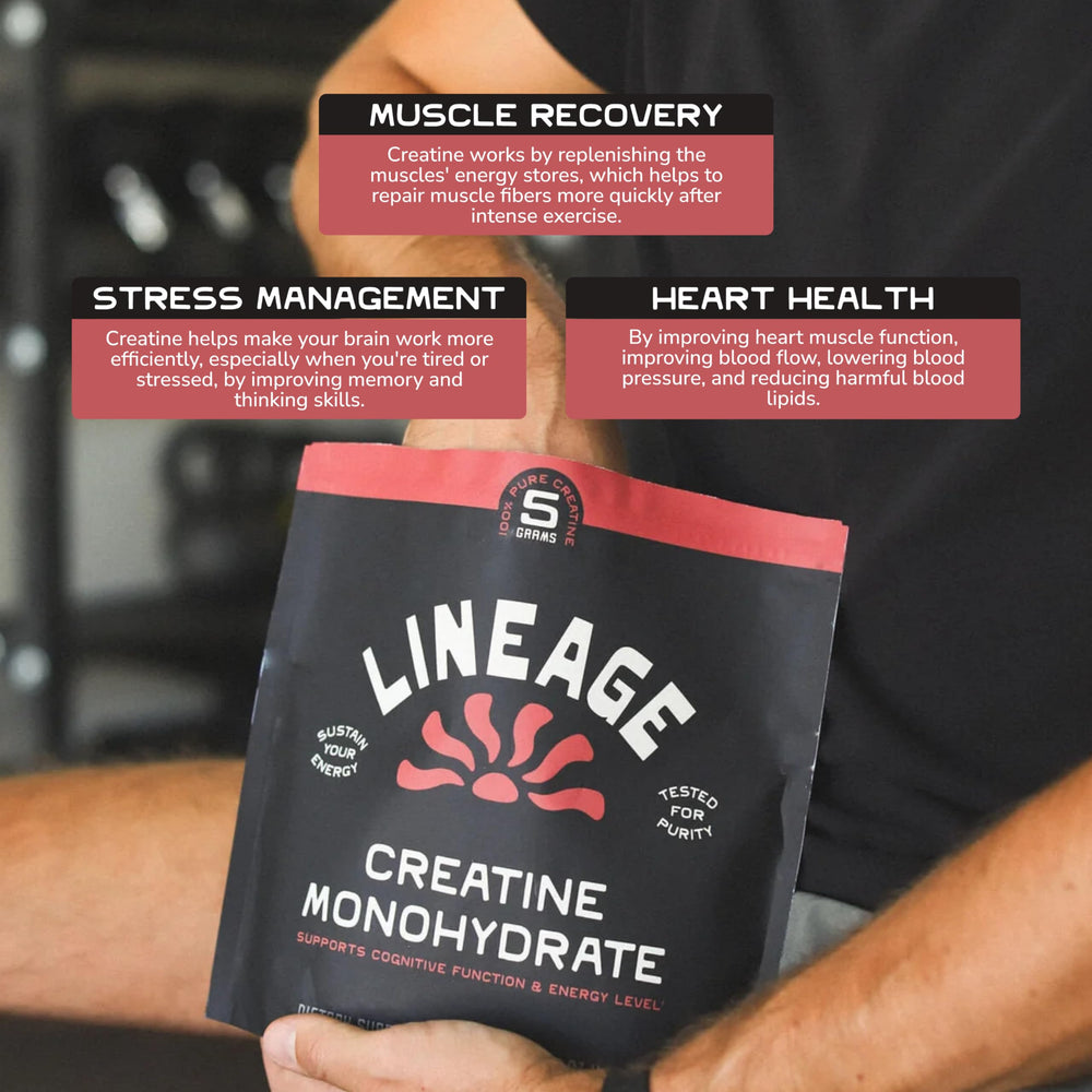 Lineage Provisions creatine label close-up highlighting purity and ingredients.