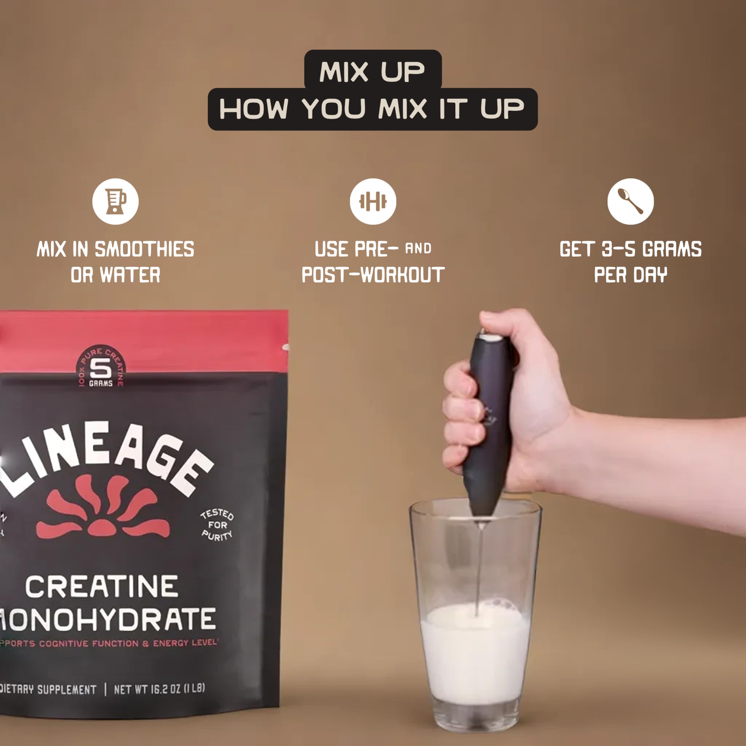 Lineage Provisions creatine micronized powder texture close-up.
