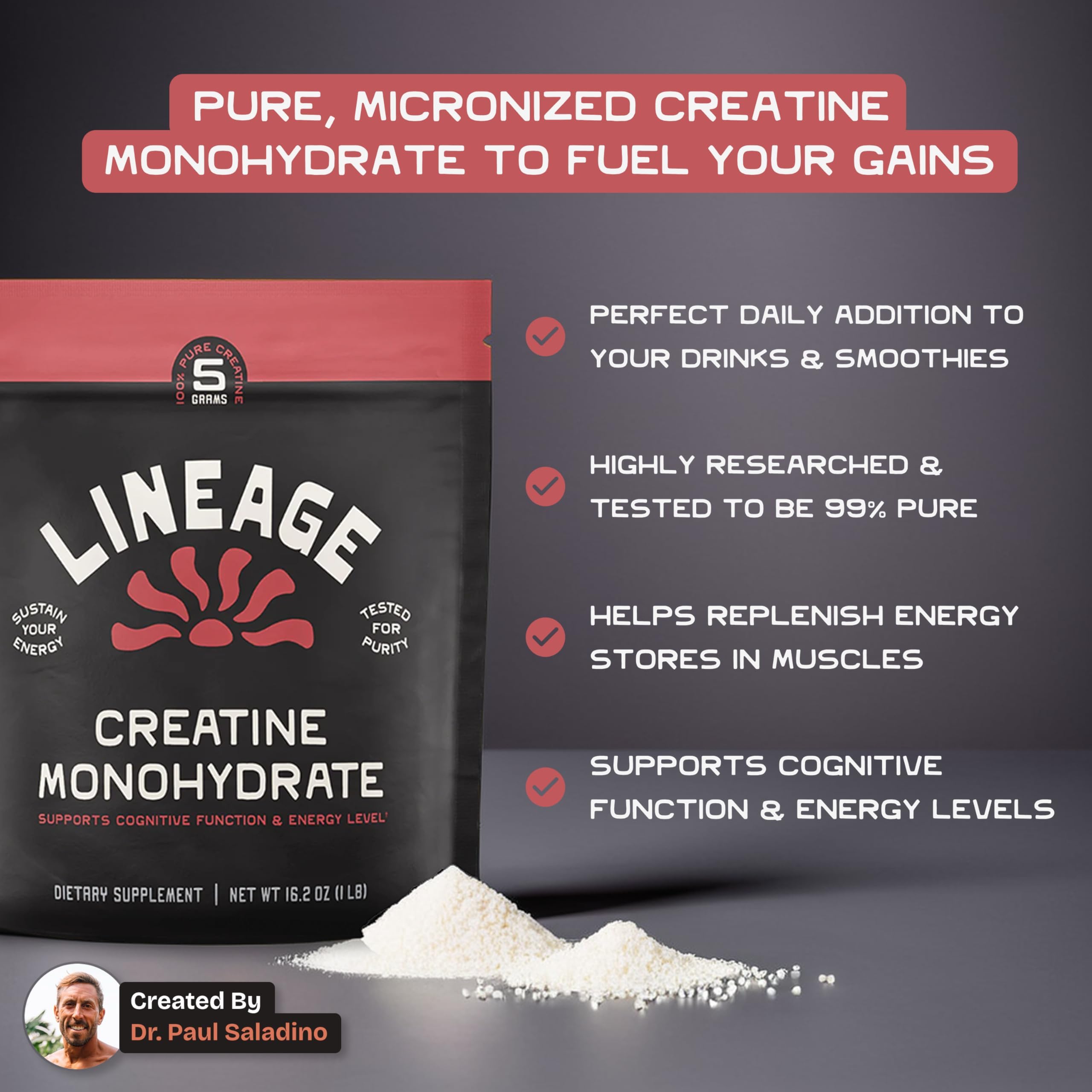 Lineage Provisions creatine with sea salt dissolving quickly in liquid.