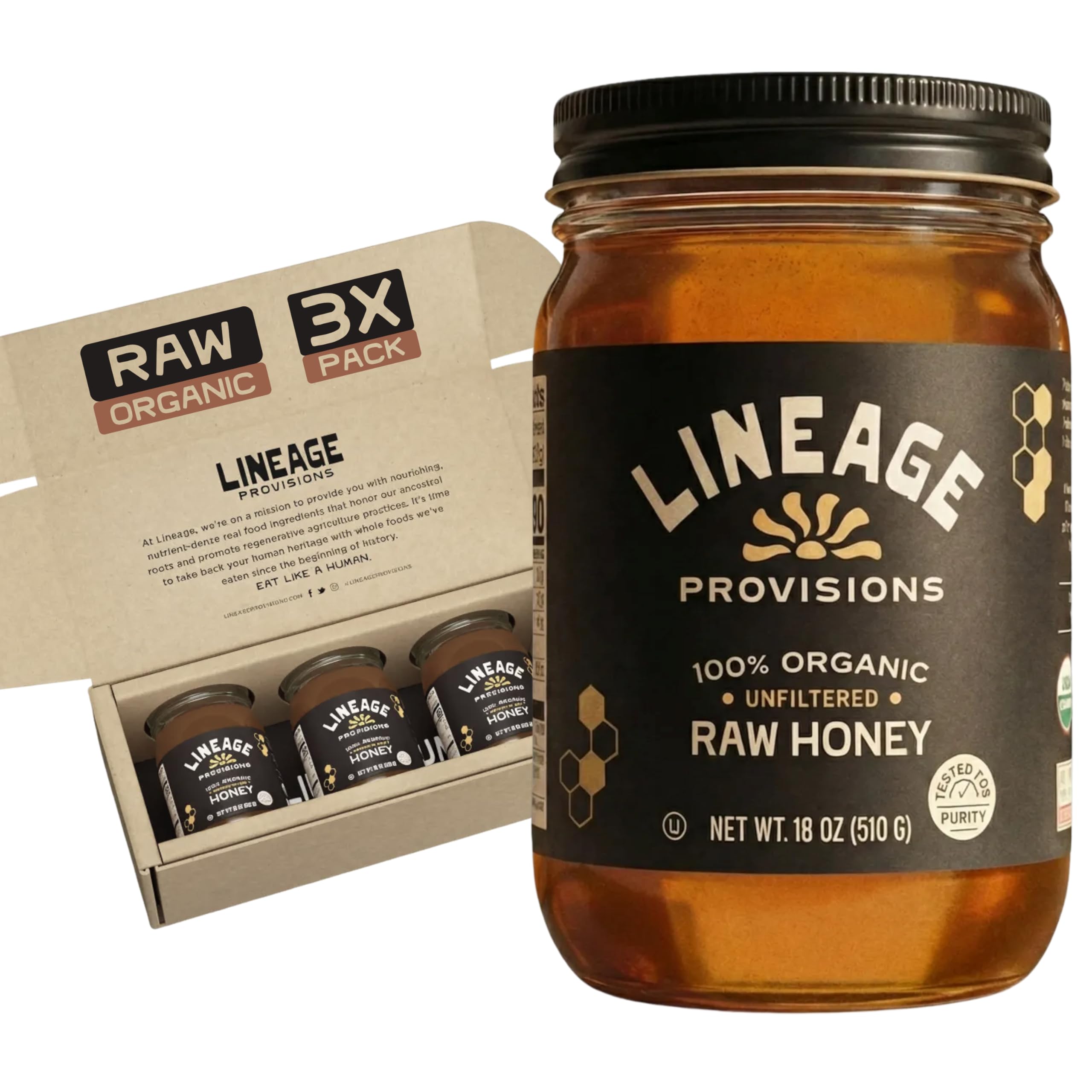 Lineage Provisions raw honey in a glass jar with rich clover notes for everyday drizzle.