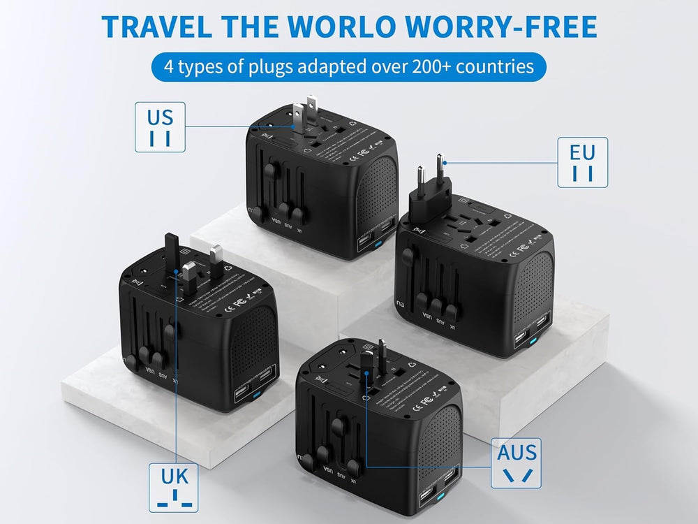 Lingpei travel adapter in its compact travel pouch for secure packing