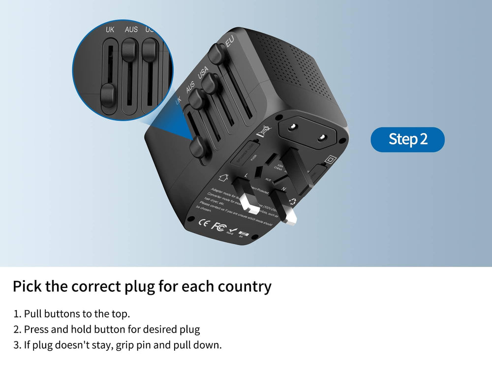 Lingpei travel adapter safety features including fuses and shutters