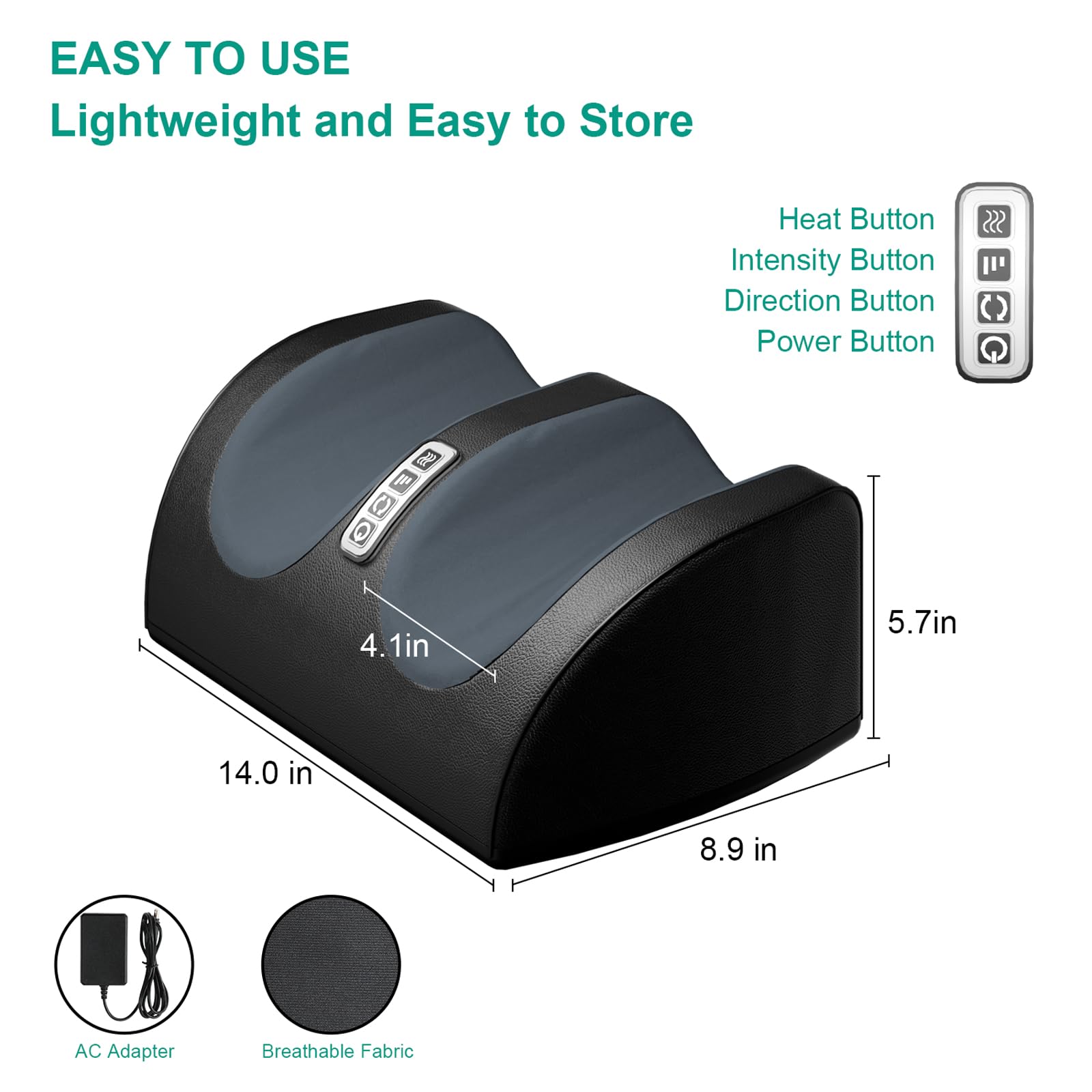 LINGTENG Shiatsu Foot Massager heat button highlights adjustable warmth for cozy feet.