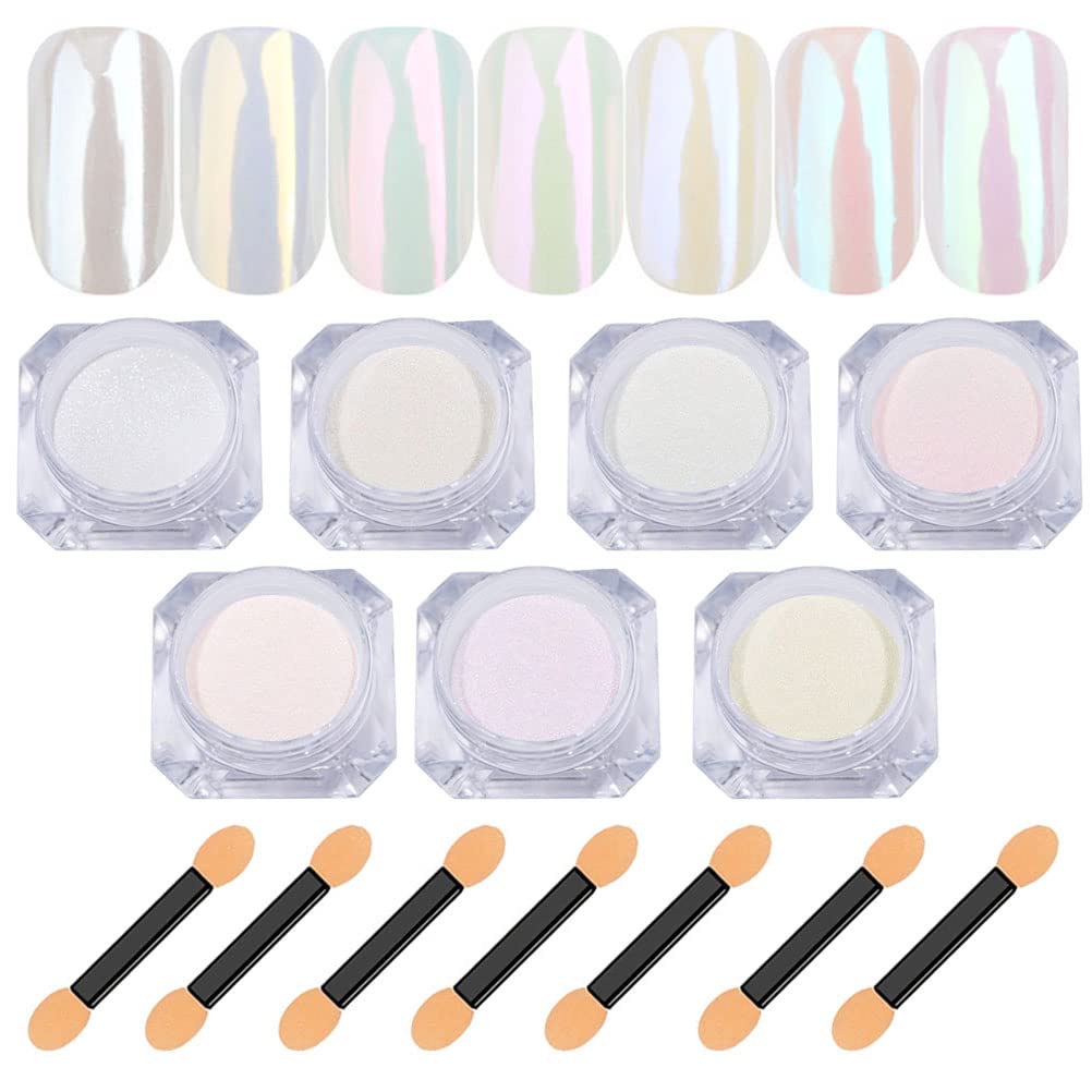 Lingyun seven colors chrome nail powder in white pearl finish for luminous nails.