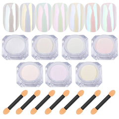 Lingyun seven colors chrome nail powder in white pearl finish for luminous nails.