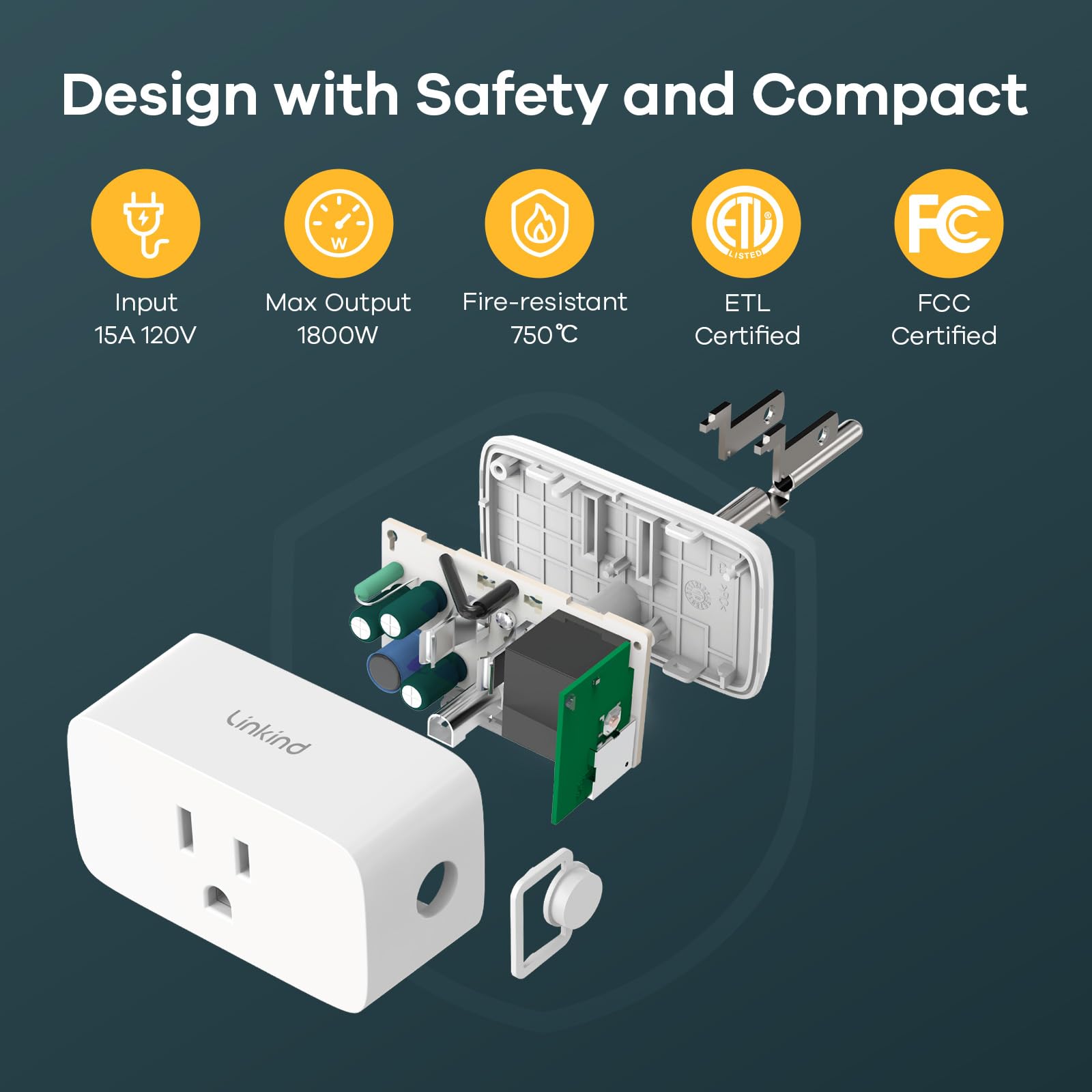 Compact, fire-safe design with 1800W capacity for busy outlets in Linkind Matter plug.