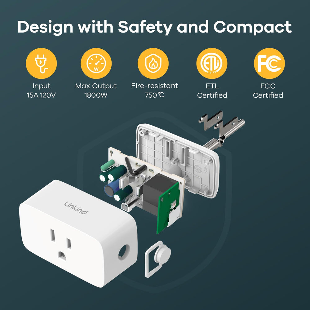 Compact, fire-safe design with 1800W capacity for busy outlets in Linkind Matter plug.