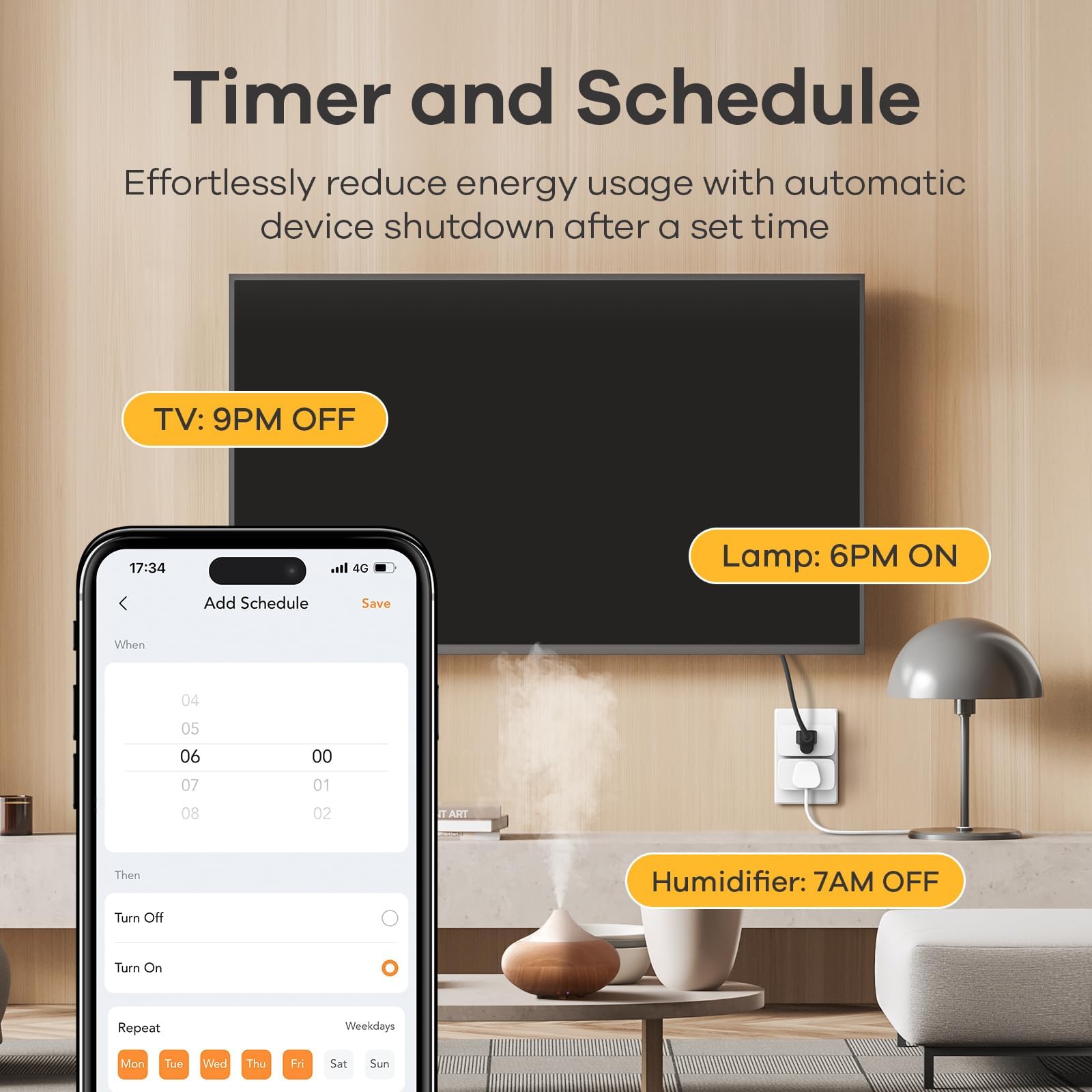 Voice control with Siri, Alexa, and Google is shown on Linkind Matter plug.
