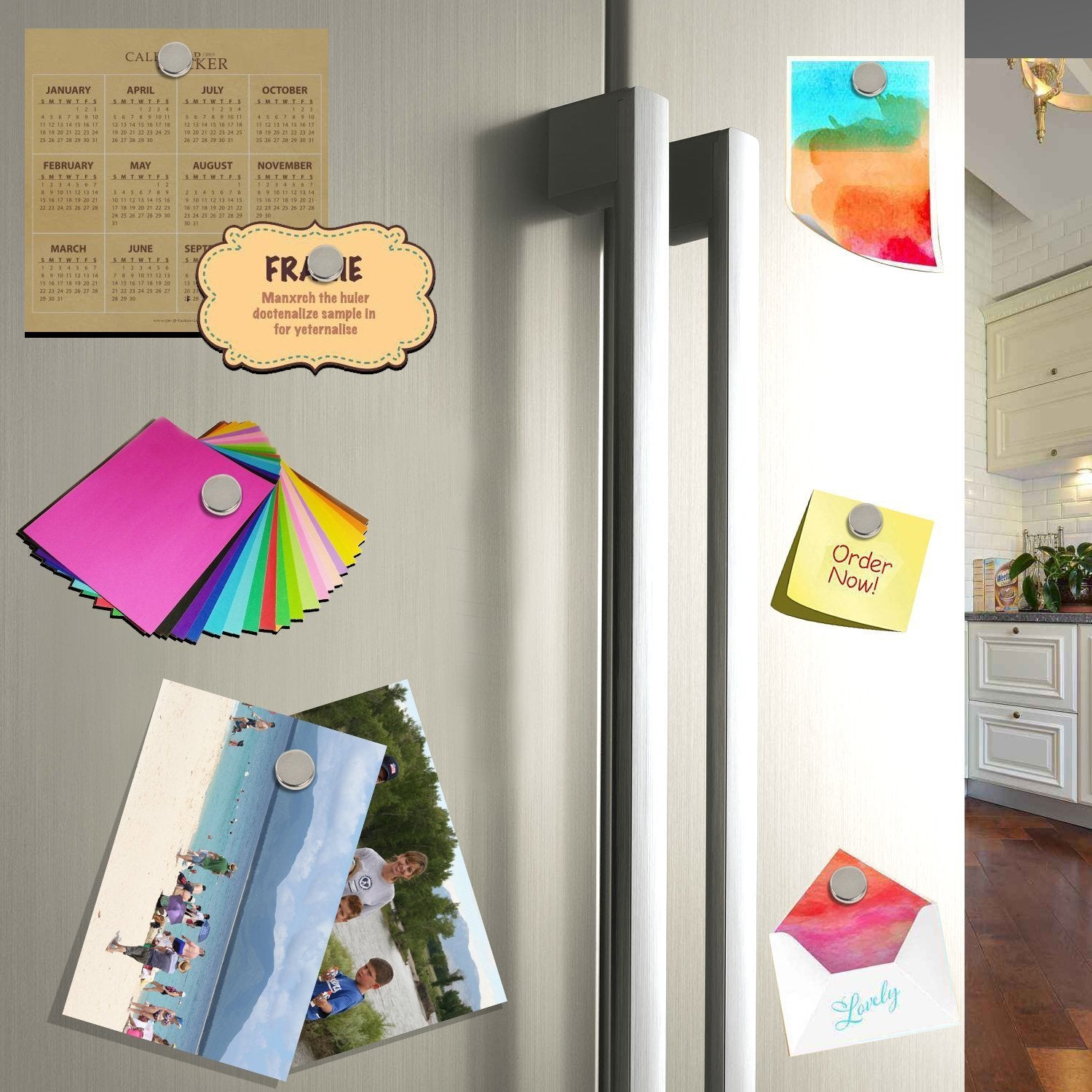 Linlinzz magnets hold photos and reminders on a magnetic board.
