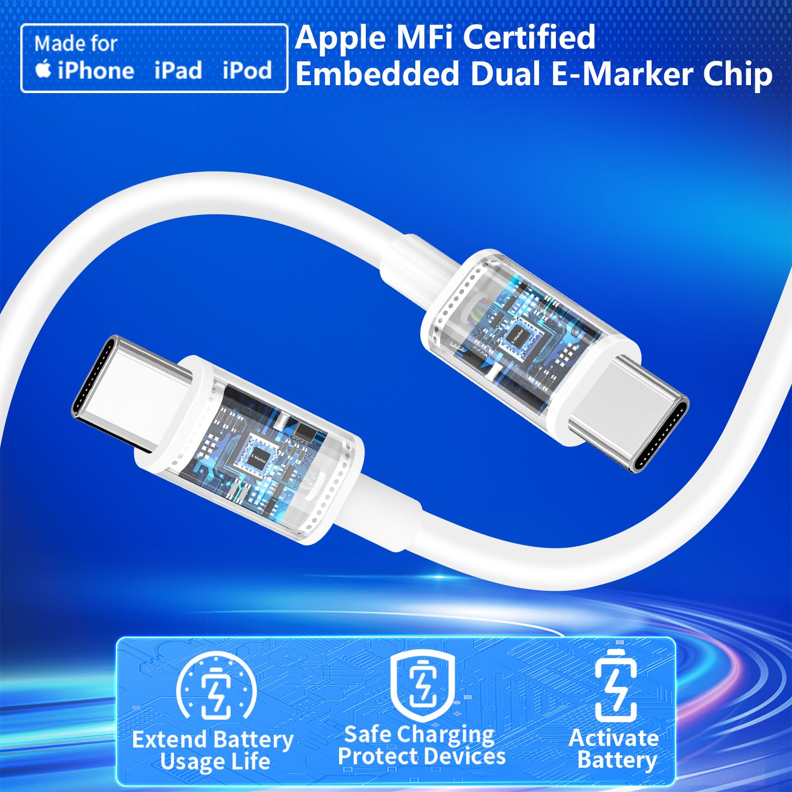 Linocell 6ft USB-C cable with MFi certification supports safe, reliable power delivery.