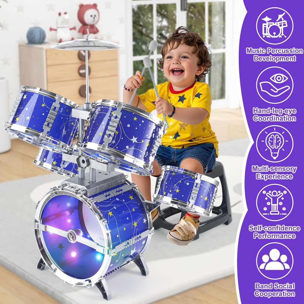 LinseyFun star-themed drum set cymbal illuminated for nighttime play