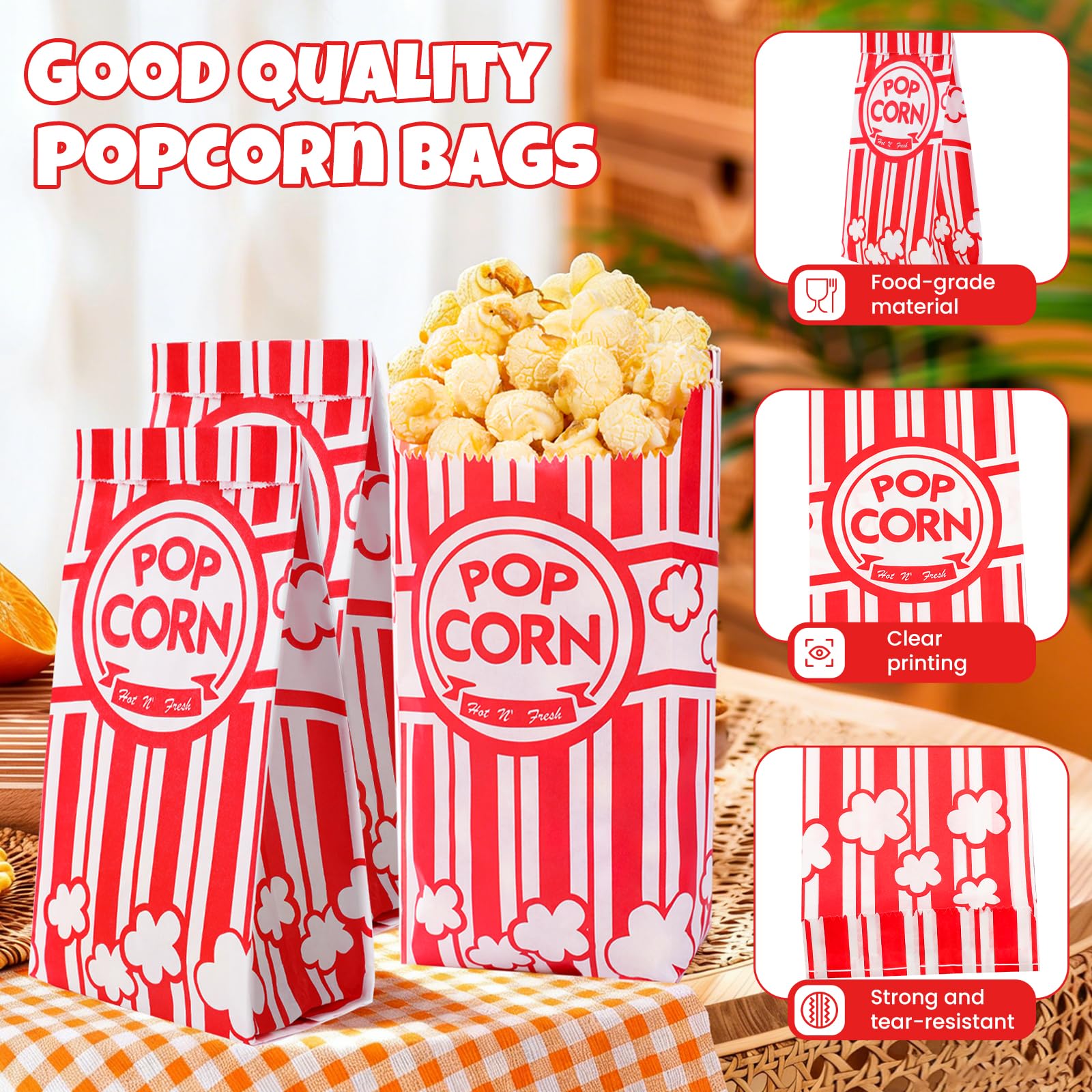 LINSIRON food-grade paper bags emphasize hygienic, lightweight popcorn serving.