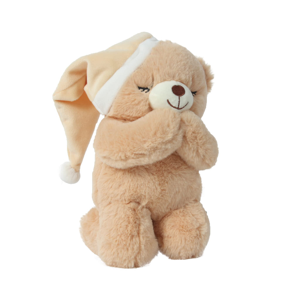Linzy Prayer Bear close-up shows embroidered eyes closed for a praying look