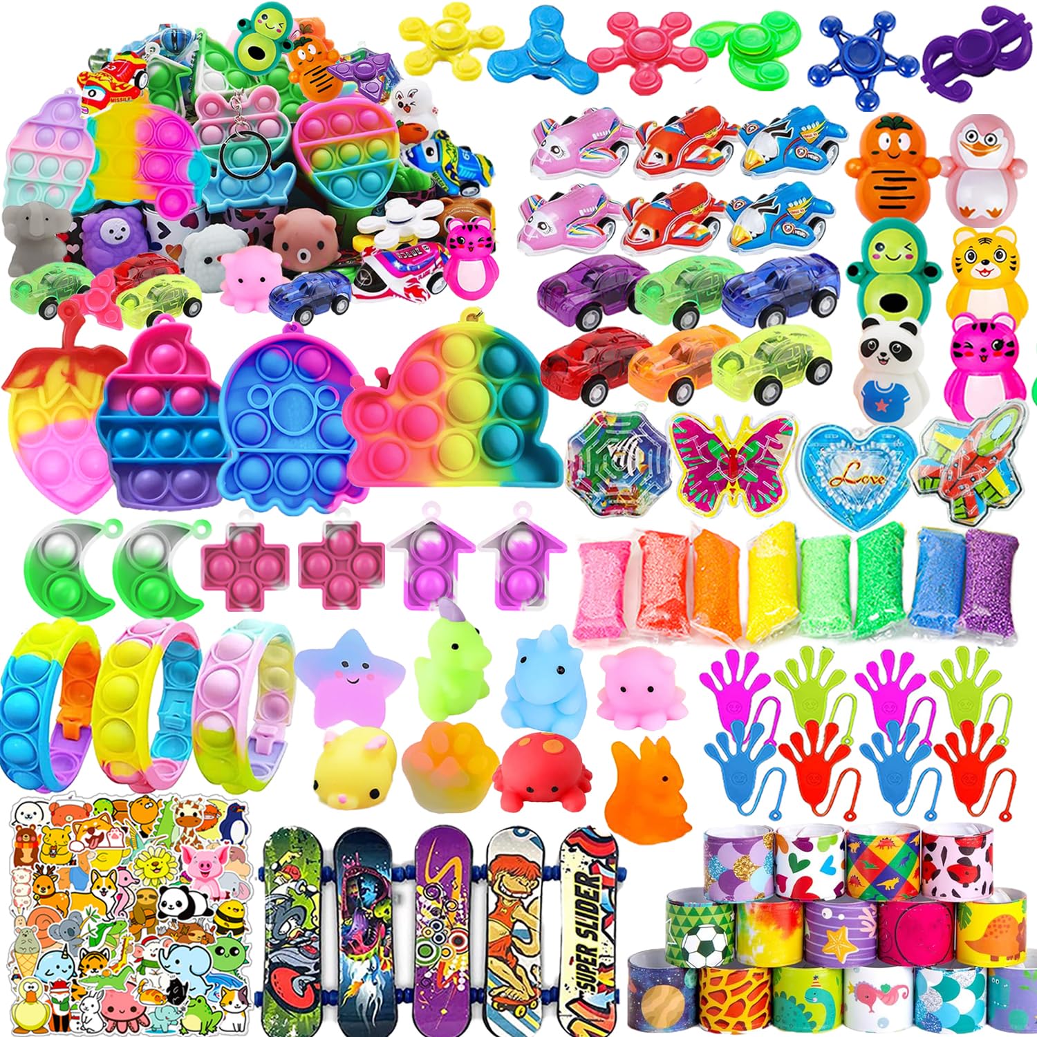 Liovccty 128-pcs party favors set displayed for kids at a party, ideal for goody bags and prizes.