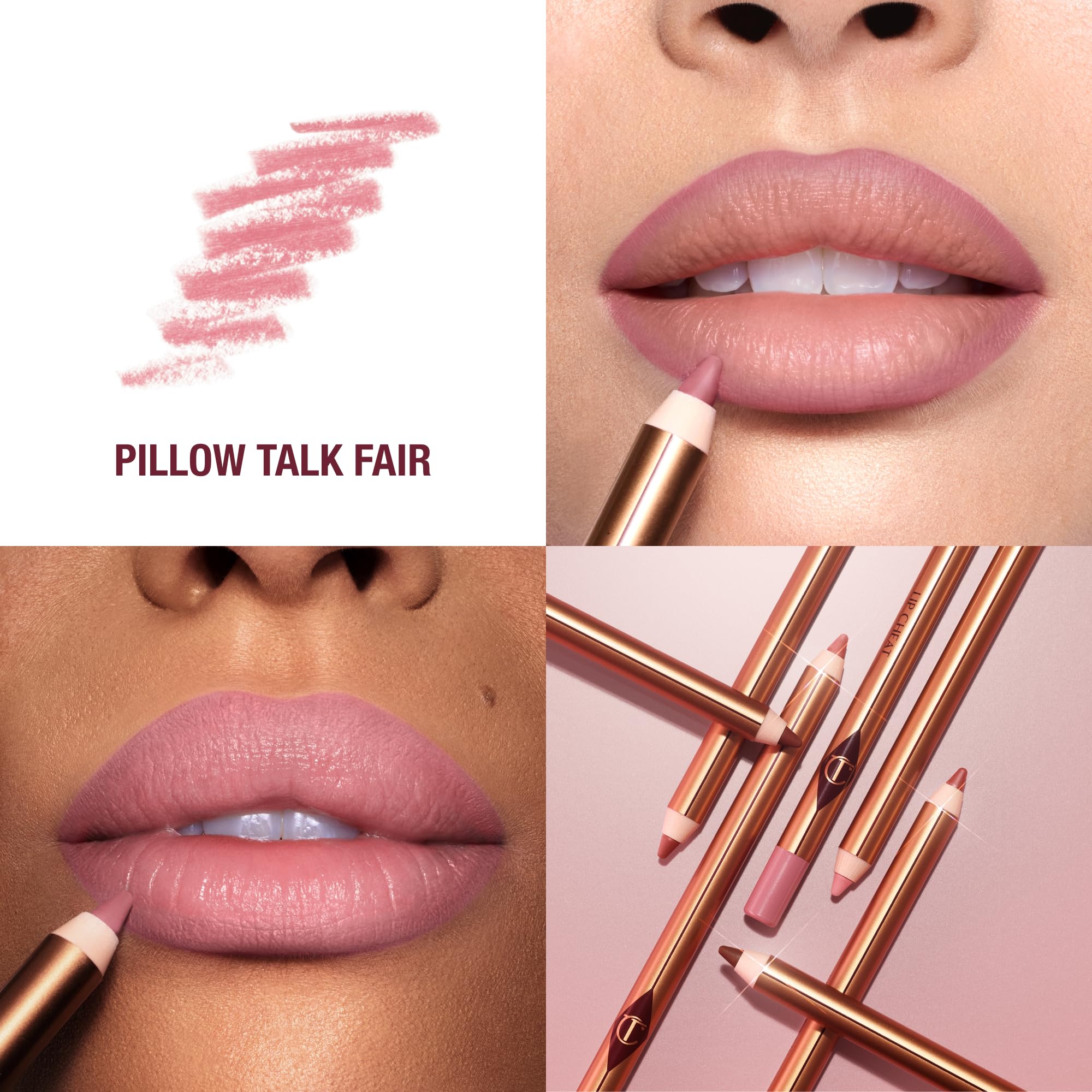 Lip Cheat Pillow Talk Fair application close-up shows smooth, velvety glide.