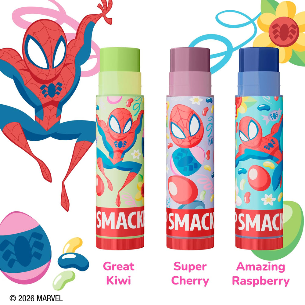 Lip Smacker Spider-Man Kiwi flavor balm provides fruity flavor for on-the-go lips.